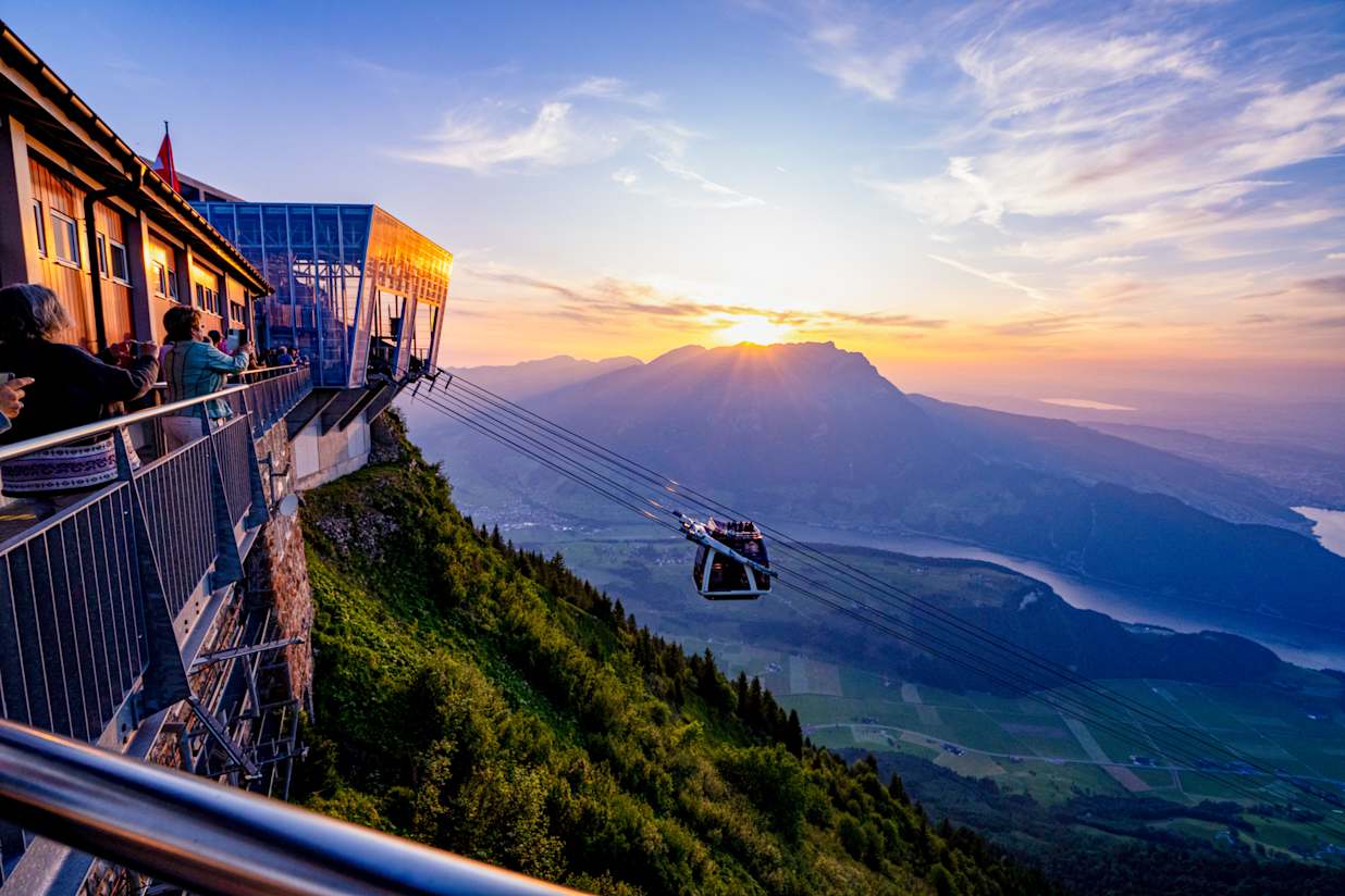 The CabriO cable car in front of the Stanserhorn mountain station